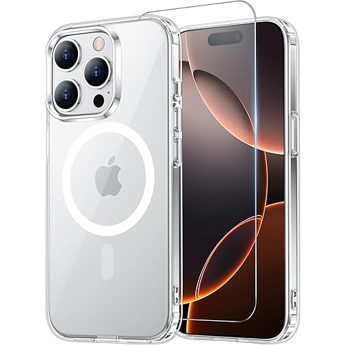 Temdan for iPhone 16 Pro Max Case Clear with Screen Protector, Compatible with Magsafe, Anti-Yellowing, Military-Grade Protection, Shockproof Slim Magnetic Phone Case Cover, Transparent