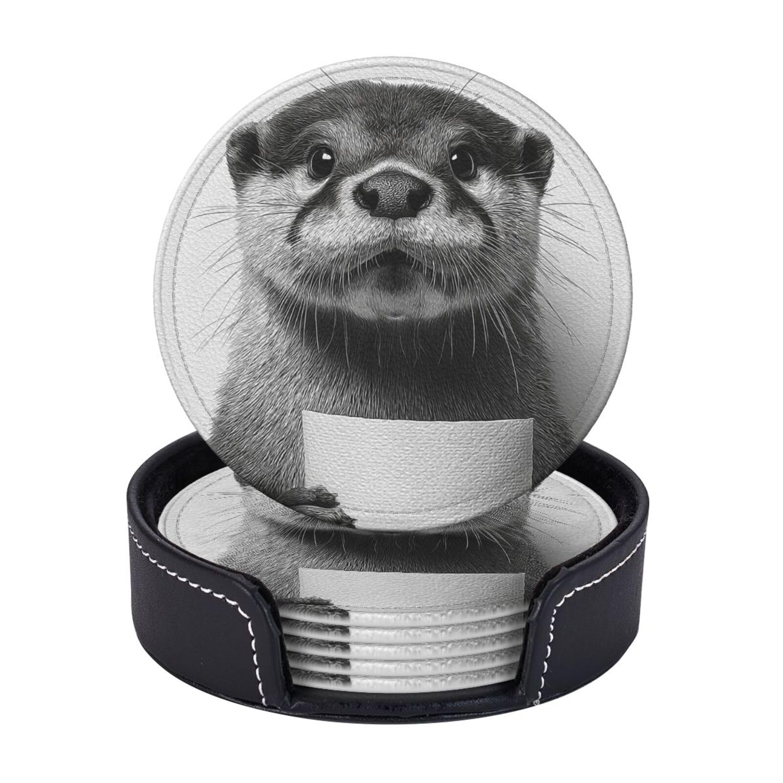 Drink Coasters 6 PCS Round Leather Coaster Little Funny Raccoon Coasters for Drinks Non-Slip Mugs Pads with Holder Personalized Cups Pad Mat for Coffee Table Kitchen 10 CM