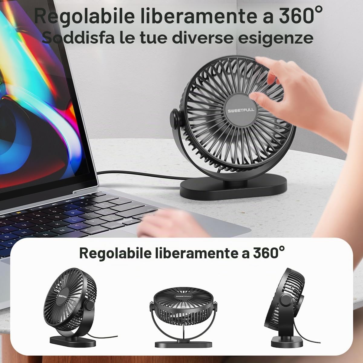 Mini Ventilatore da Scrivania USB, Piccolo Silenzioso 3 Velocità Rotazione a 360° Regolabile 12.7 cm Gadget di Raffreddamento da Tavolo per Ufficio su Scrivania (Nero)
