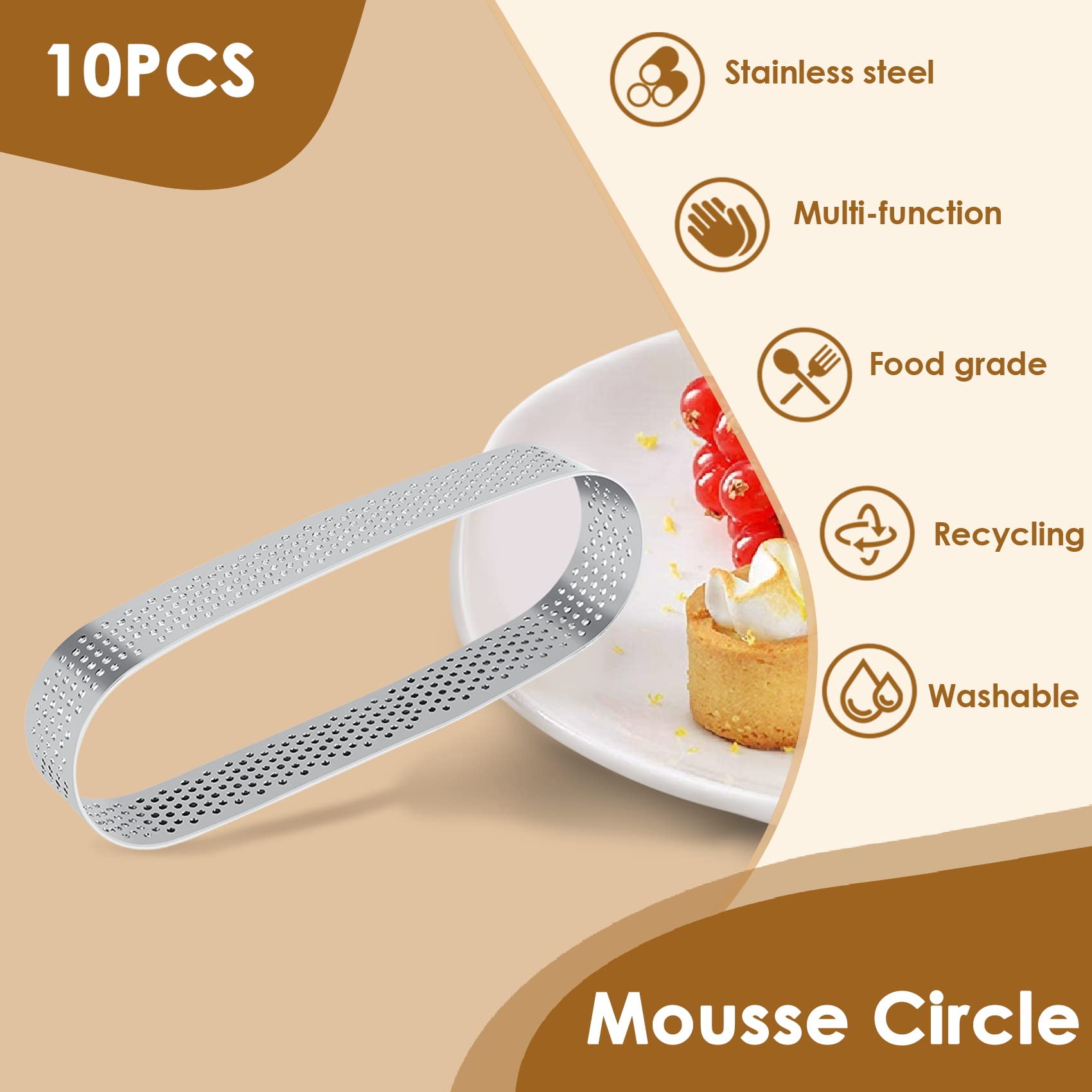 Anelli Per Crostata In Acciaio Inossidabile - Set Da 10 Pezzi, Forma Ovale, Forati Per Cottura Uniforme - Foto 2