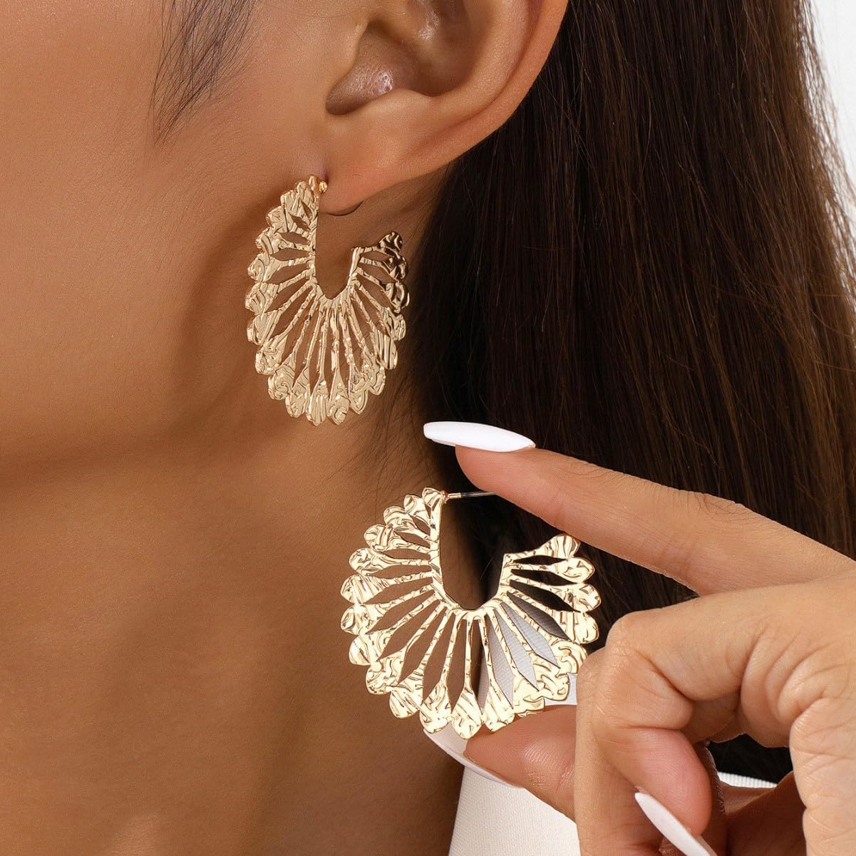 Gold Hollowed-out Flower Hoop Earrings, Statement Filigree Petal Design, Lightweight Metal Boho Style Elegant Jewelry for Women - Image 2