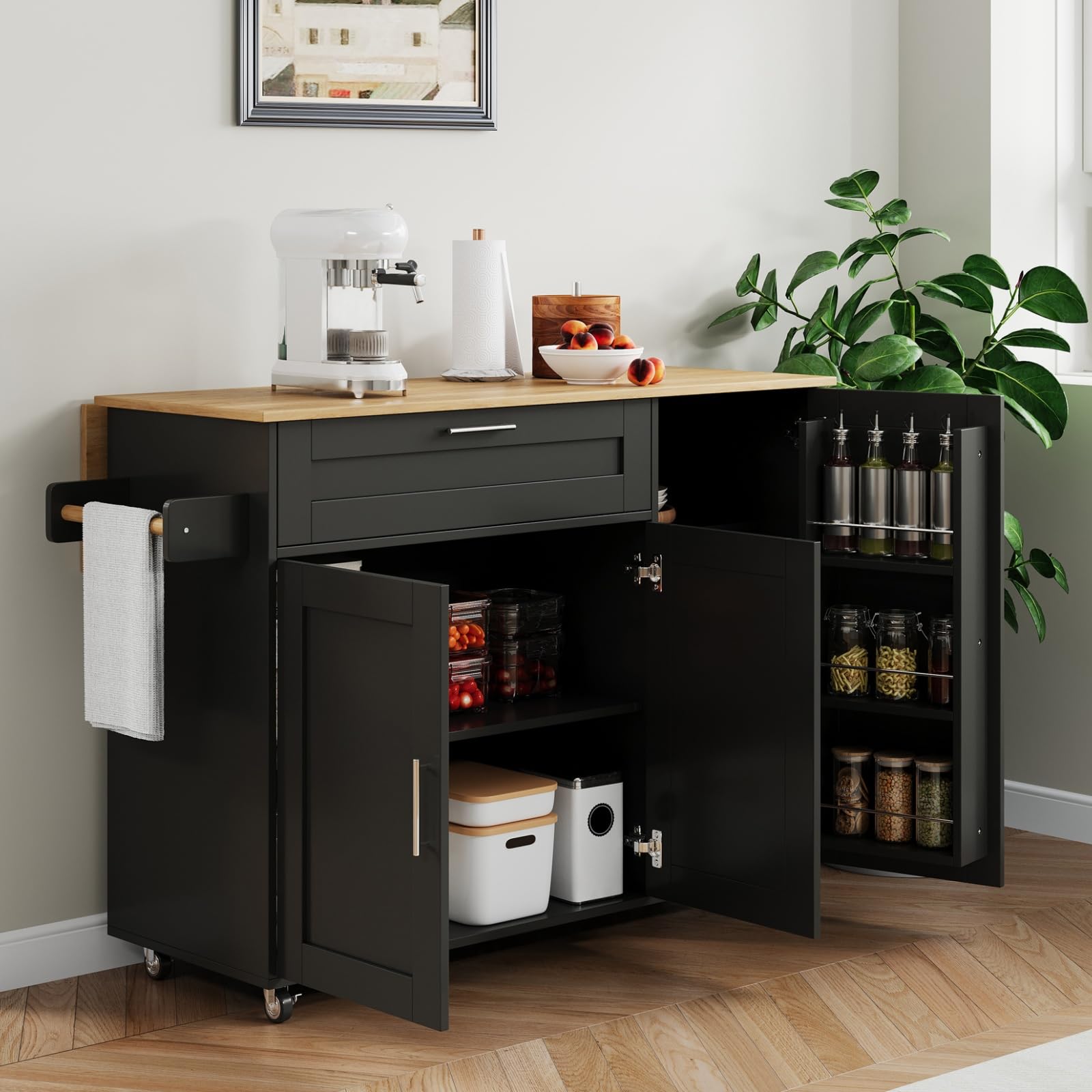 KOMHTOM Desserte Cuisine Meuble de Rangement Cuisine avec 1 tiroir et 3 Portes Placard Cuisine, Meubles de Cuisine avec Plans de Travail Buffet Salle a Manger (Noir)