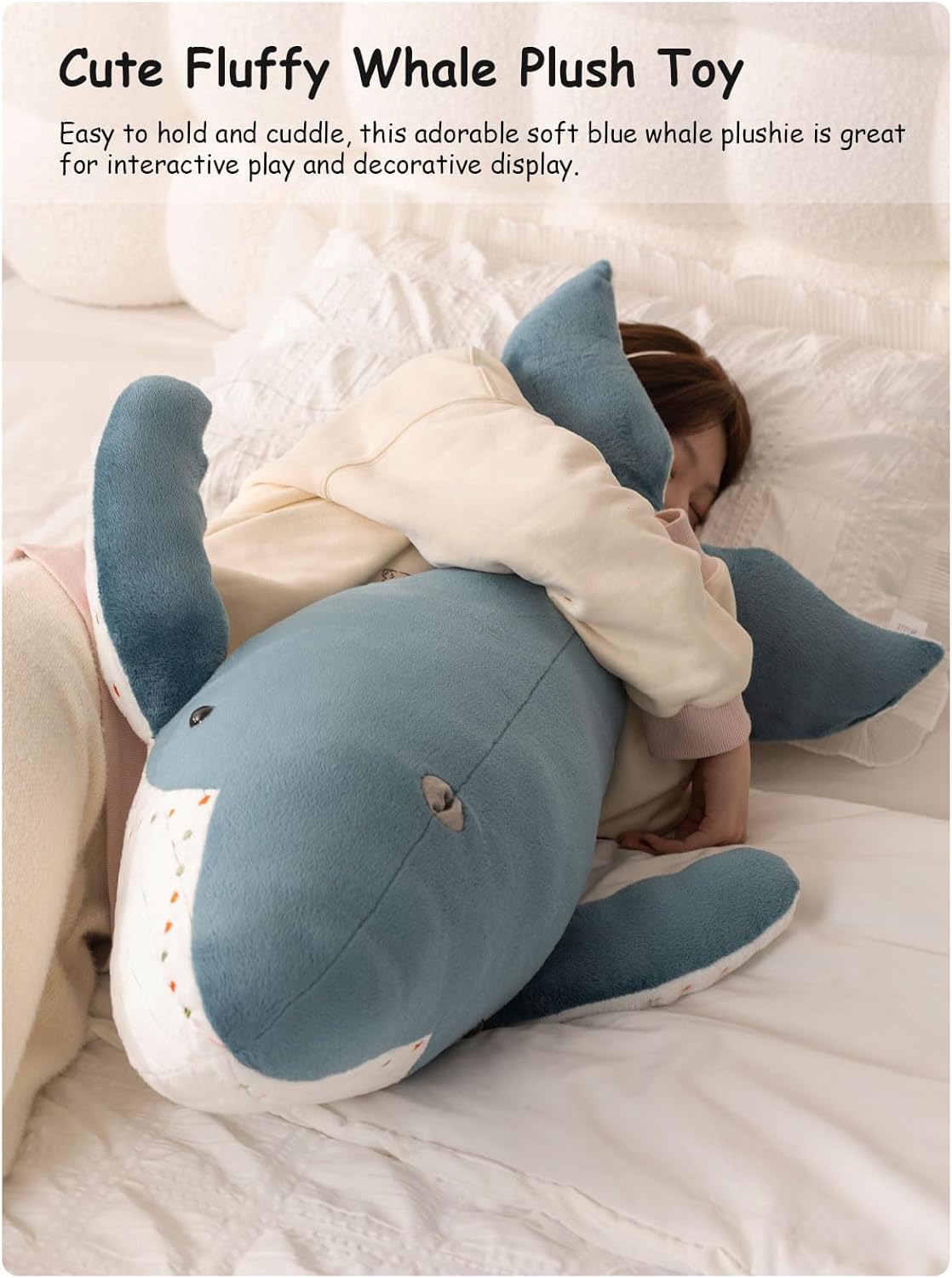 Giant Blue Whale Plush Pillow, 3ft Large Soft Stuffed Whale Body Pillow, Cuddly Humpback Sea Animal Plush Toy, Cute Birthday Gift Decor Plushy Cushion for Boys Girls Kids Teens Adults