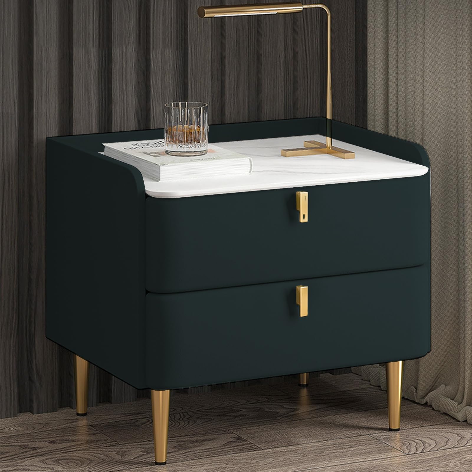 Solid Wood Bedside Table with 2 Drawers and Faux Marble Top Dark Green 50cm Bedroom Furniture with Storage and Style