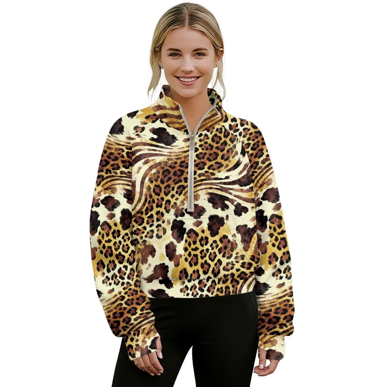 Poceacles Przycięte bluzy dla kobiet z zamkiem błyskawicznym bluzy oversize sweter modne bluzy z kapturem topy z dekoltem