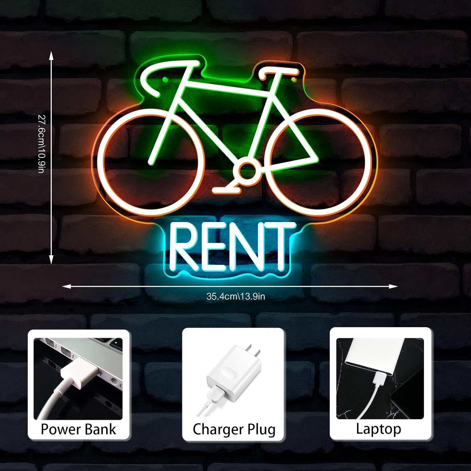 RENT Bicycle LED Sign Neon Led Sign Wall Decoration USB with Multiple Brightness Modes Acrylic Neon Light Suitable for Living Room Office College Club Store Bicycle Rental Shops(5V 13.9 * 10.9 inch)