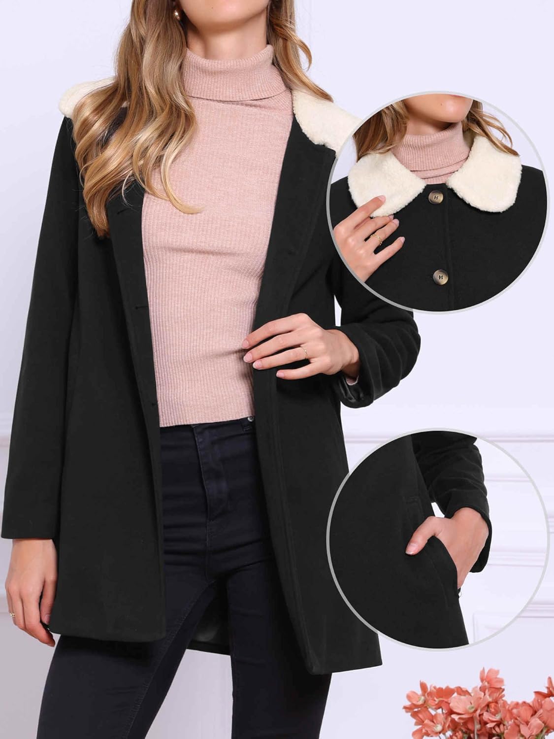 Allegra K Winter Coat for Women Contrast Collar Overcoat Mid-Long Single Breasted Pea Coat - Image 4