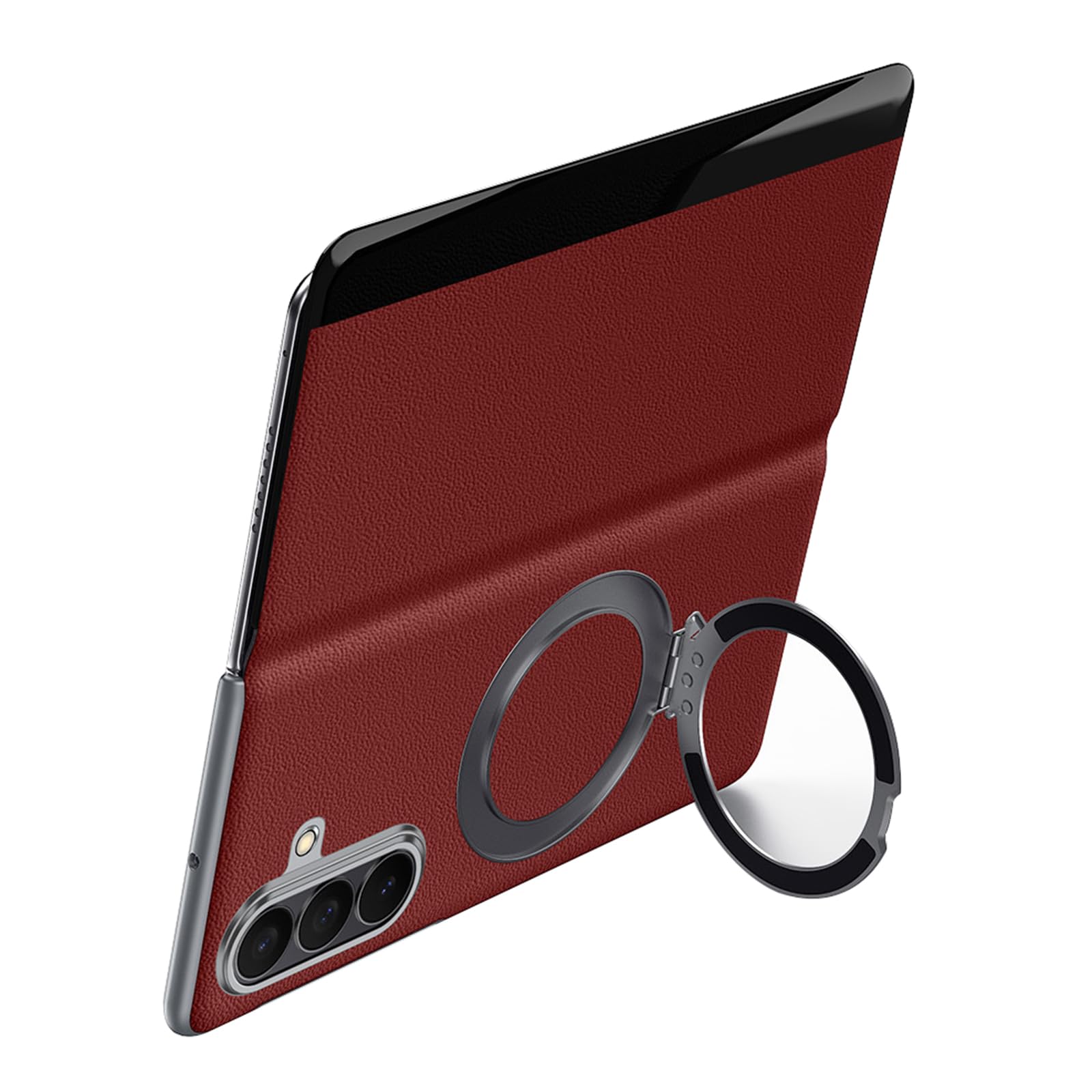 Magnetyczne etui do Samsung Galaxy Z Fold 7, smukłe etui na cały korpus, wytrzymałe, luksusowe, biznesowe, prawdziwa skóra, etui z klapką ze stojakiem pierścieniowym i przegródką na karty (czerwone)