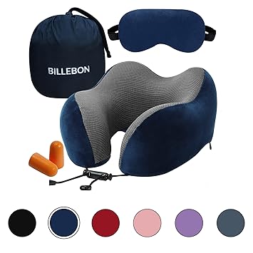 Billebon Extra Soft Memory Foam Luxury Travel Neck Support Rest Pillow with Soft Eyemask Carry Bag Ear Plugs Multipurpose Comfortable Travel Pillow Combo - image, photos