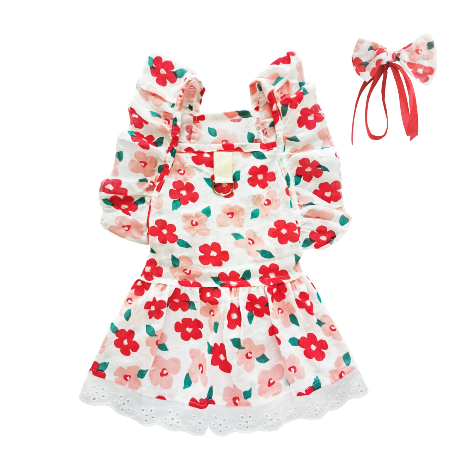 Dog Dress for Small Dogs Girl Chihuahua Yorkies Female Dog Clohtes Pet Summer Sundress Puppy Tutu Princess Dresses with Dog Bowknot Hair Bows Doggie Cats Skirt Outfits,Flower Pattern