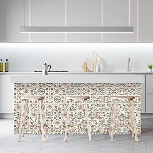 Miniatura 8 de Wudnaye Papel tapiz bohemio para despegar y pegar, papel de contacto de azulejos de imitación de 17 x 118 pulgadas, patrón de azulejos, extraíble,