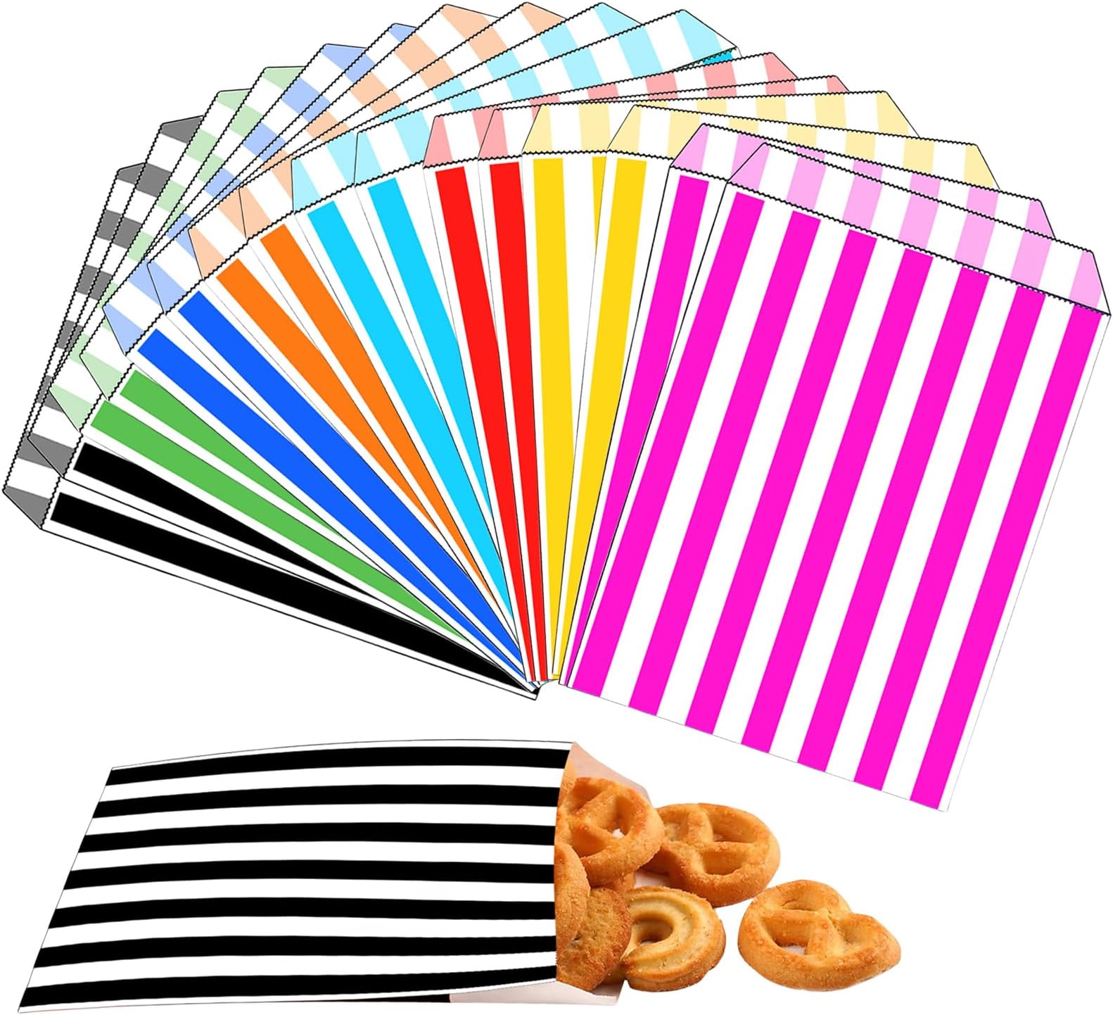 200pcs 5x7'' Mixed Colours Striped Paper Sweet Bags - Candy Bags for Kids, Girls, Boys - Perfect for Christmas, Halloween, Wedding, Birthday Parties & Buffet Confectionery Stalls