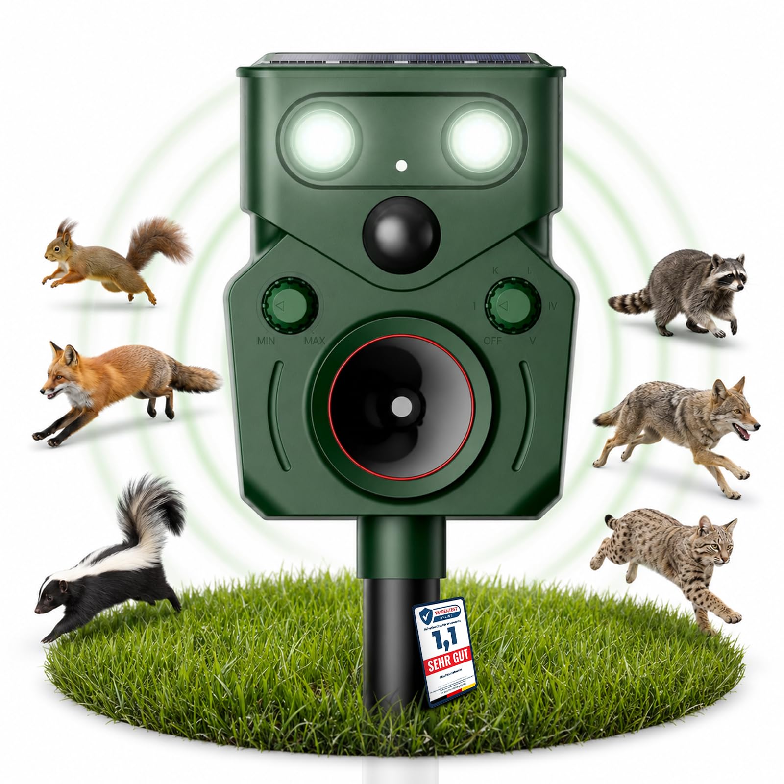 MEKEET Ahuyentador de gatos ultrasónico para jardín, ahuyentador de animales por ultrasonidos con detector de movimiento, ahuyentar a los gatos y al jardín contra gatos, zorros, pájaros, ciervos
