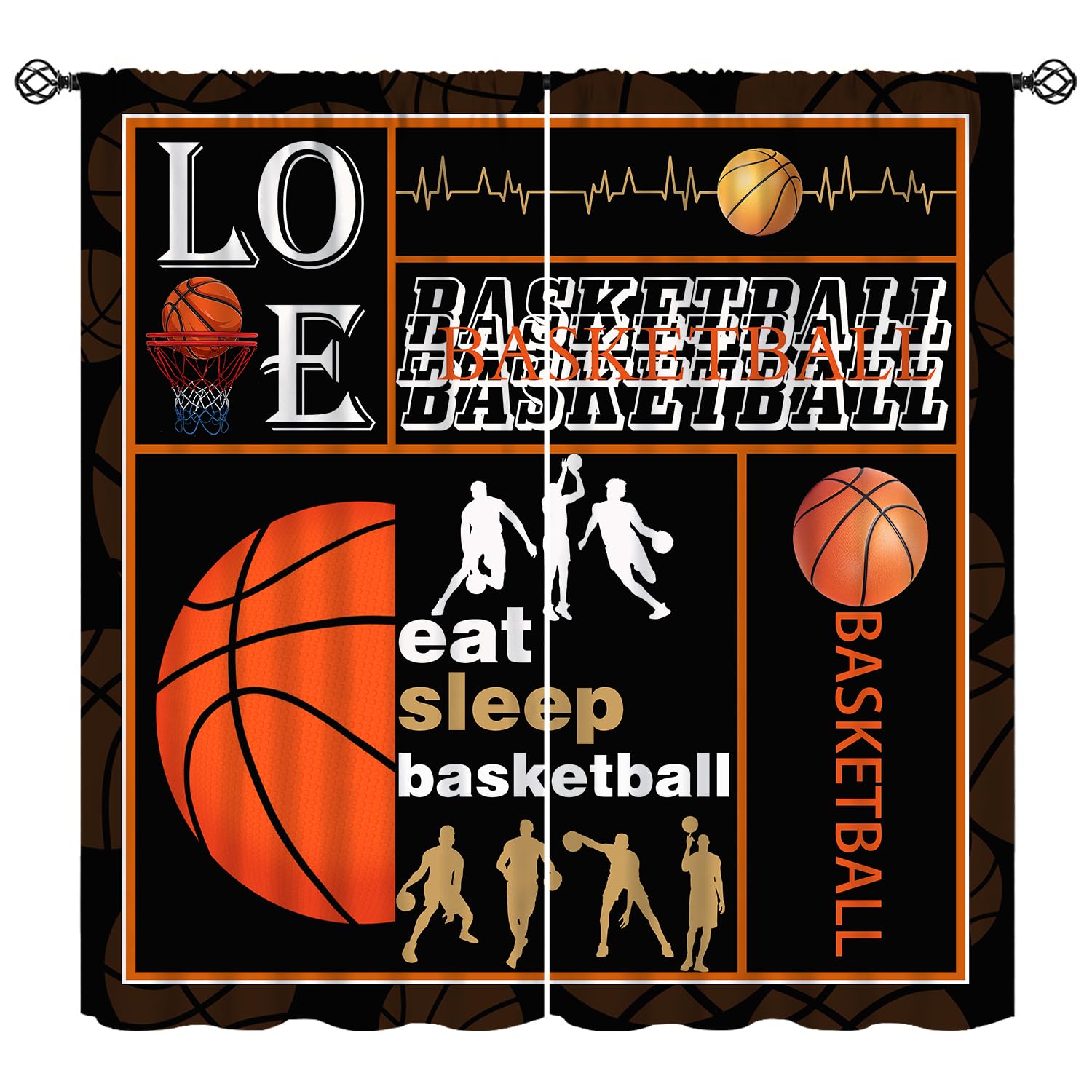 Basketball Curtains, Sports Ball Game Basketball Player Gaming Print Window Treatments, Rod Pocket Thermal Insulated Drapes 2 Panel Sets for Boys Girls Bedroom Living Room, 42