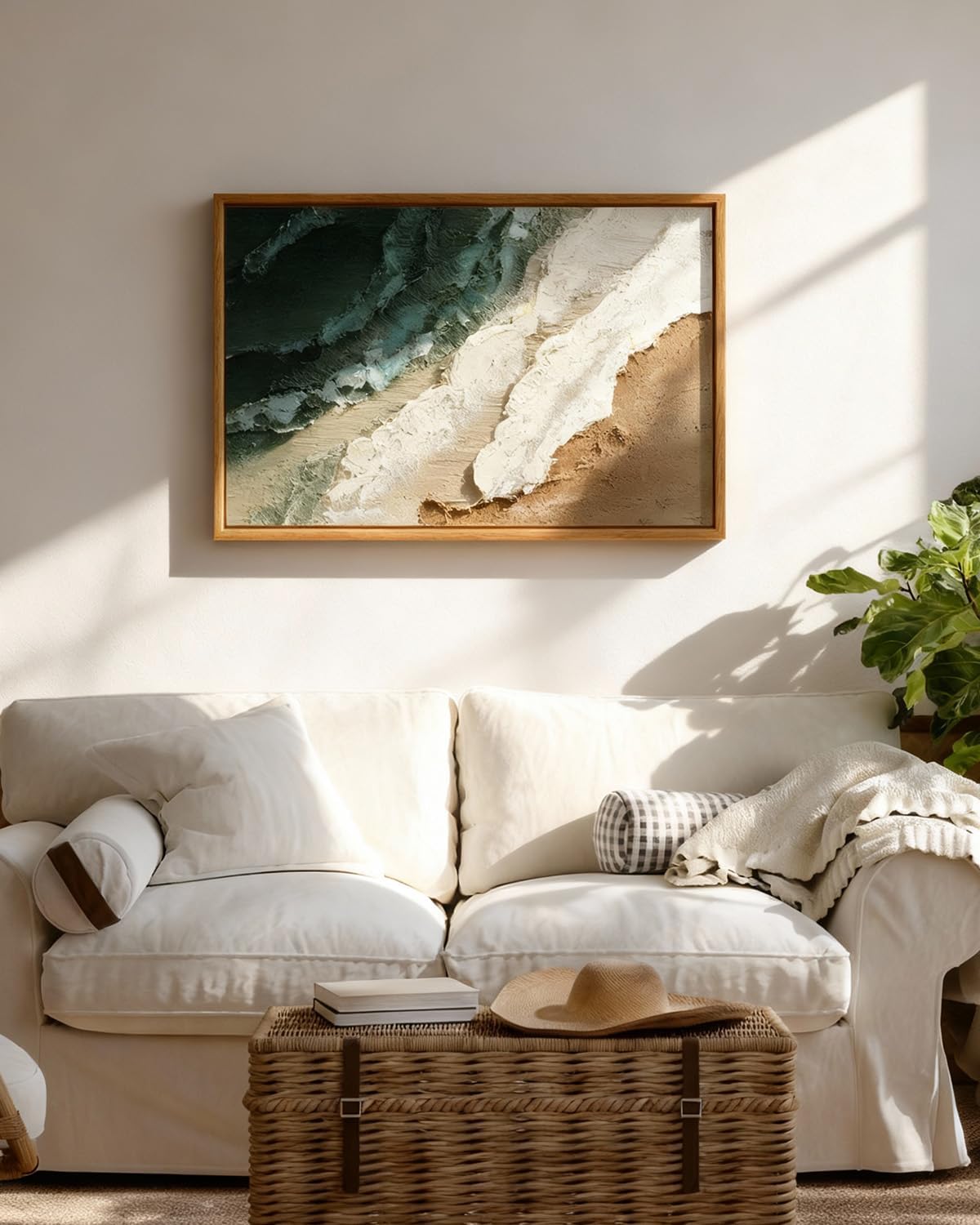 ARPEOTCY 3D Textured Large Framed Canvas Wall Art Prints, Abstract Hand-Painted Sage Green Beige Beach Ocean Waves Oil Painting, Minimalist Artwork Wall Decor for Living Room Bedroom, 16x24inch