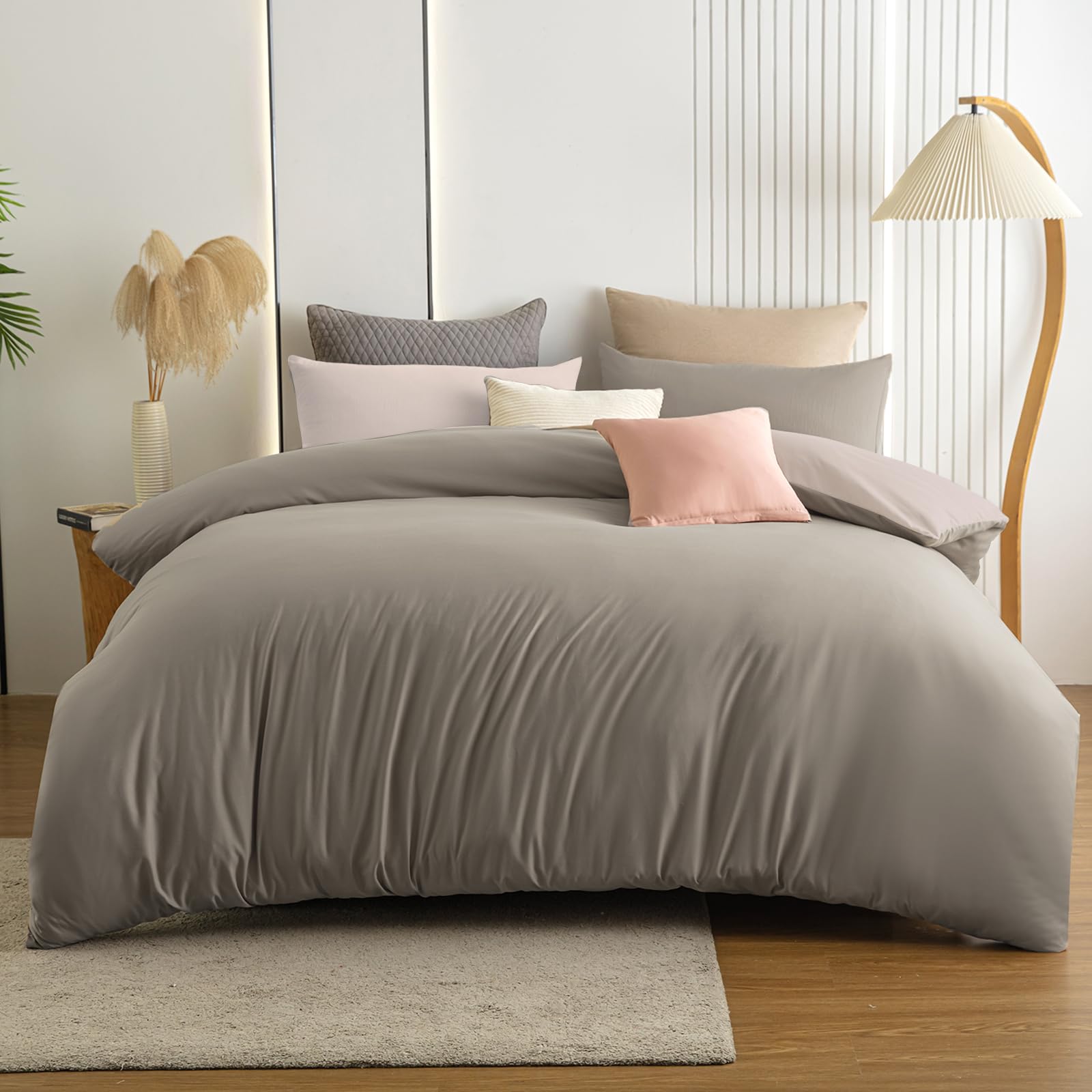 Soifox Double Bed Duvet Cover Sets, 3 Piece Microfiber Reversible Double Bedding Bed Set Taupe and Beige, Soft and Non Iron Quilt Duvet Cover with 2 Pillowcases 50x75cm — image 1