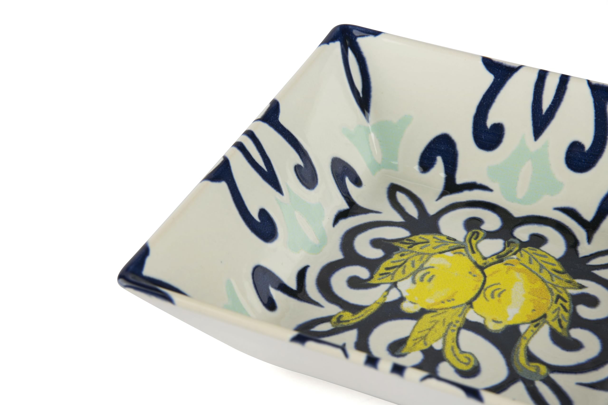Excelsa Amalfi Servizio Piatti Quadrati in Ceramica, Set 18 Pezzi con Decorazione Limoni e Fregi Blu