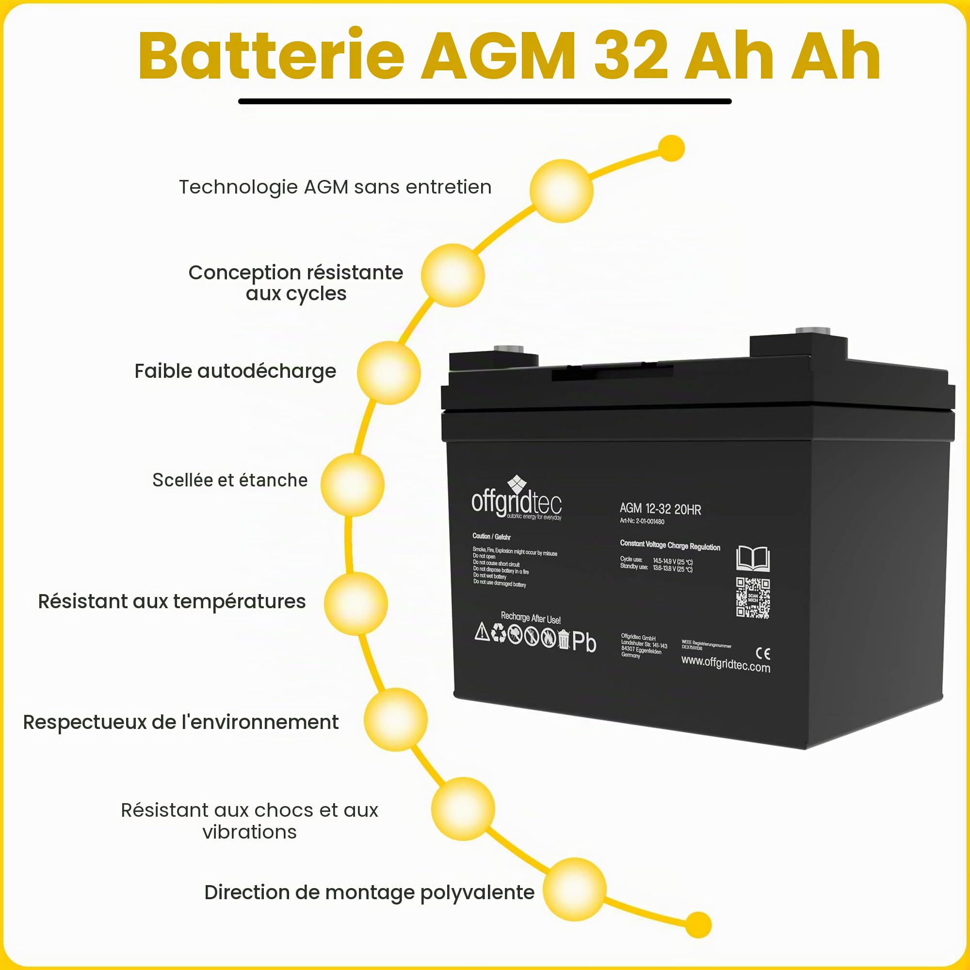 Offgridtec 32 Ah 12 V AGM Batterie solaire pour applications cyclique, 2–01–001480