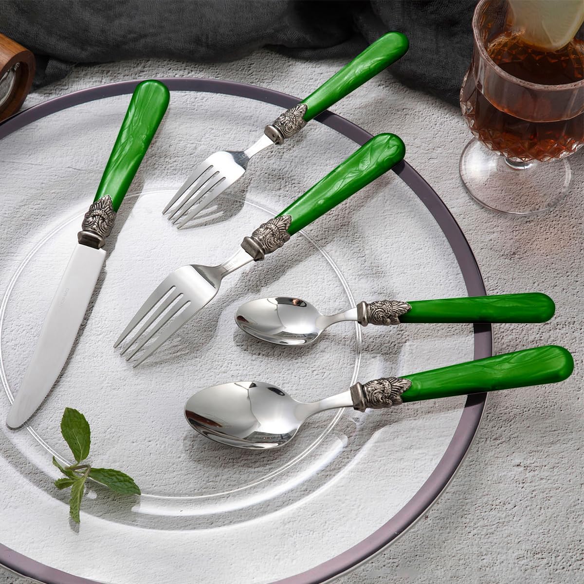 20 pieces 18/10 Stainless Steel Silverware Sets With Deep Green Handle,Vintage Cutlery Sets,Sliverware set Service for 4,Dishware Safe (20, Deep Green)