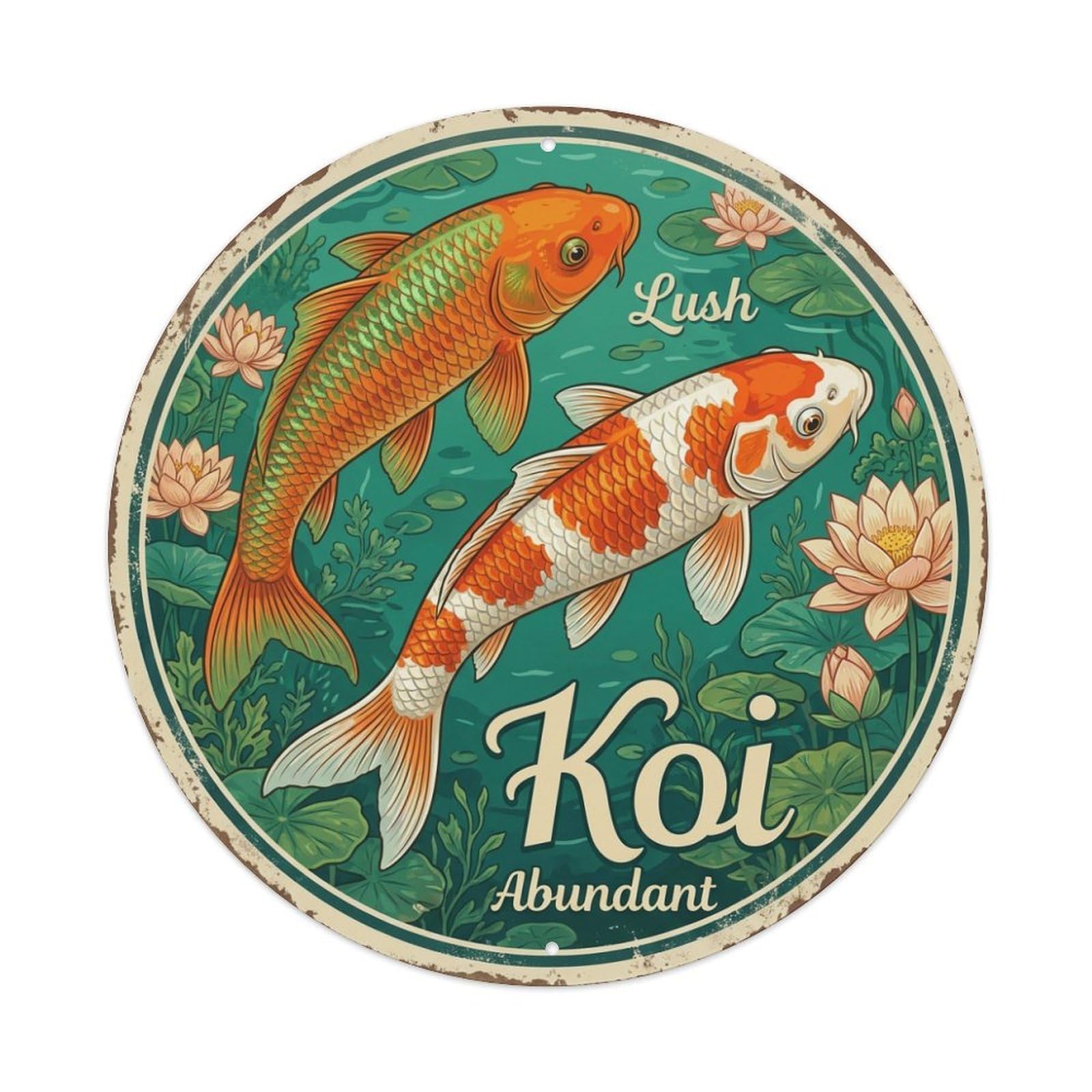 Koi Fish Lush Abundant Rich Waters Fertile Thriving Green Metal Tin Sign
