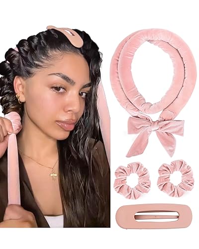 Yanibest Heatless Hair Curler, No Heat Hair Curlers to Sleep in, Super Soft Ribbon Wrap for Long Hair，Overnight Heatless Curling Set with Hair Scrunchies and Clip, for All Hair types - Pink
