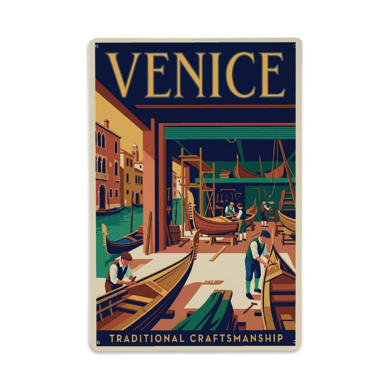 Vintage Travel Venice Gondola Workshop Traditional Craftsmanship Clean Italy Metal Tin Sign Plaque Wall Decor for Cafe, Club Bar, Office, Home Garden Metal Poster 8x12Inch