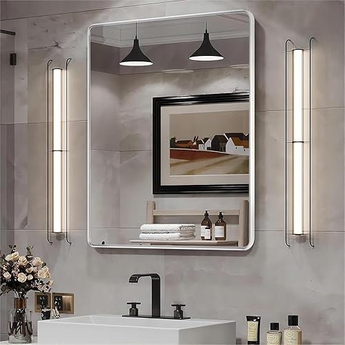 Espejos con marco plateado para baño, espejo rectangular redondeado de 24 x 36 pulgadas para pared, espejo de tocador plateado mate con vidrio