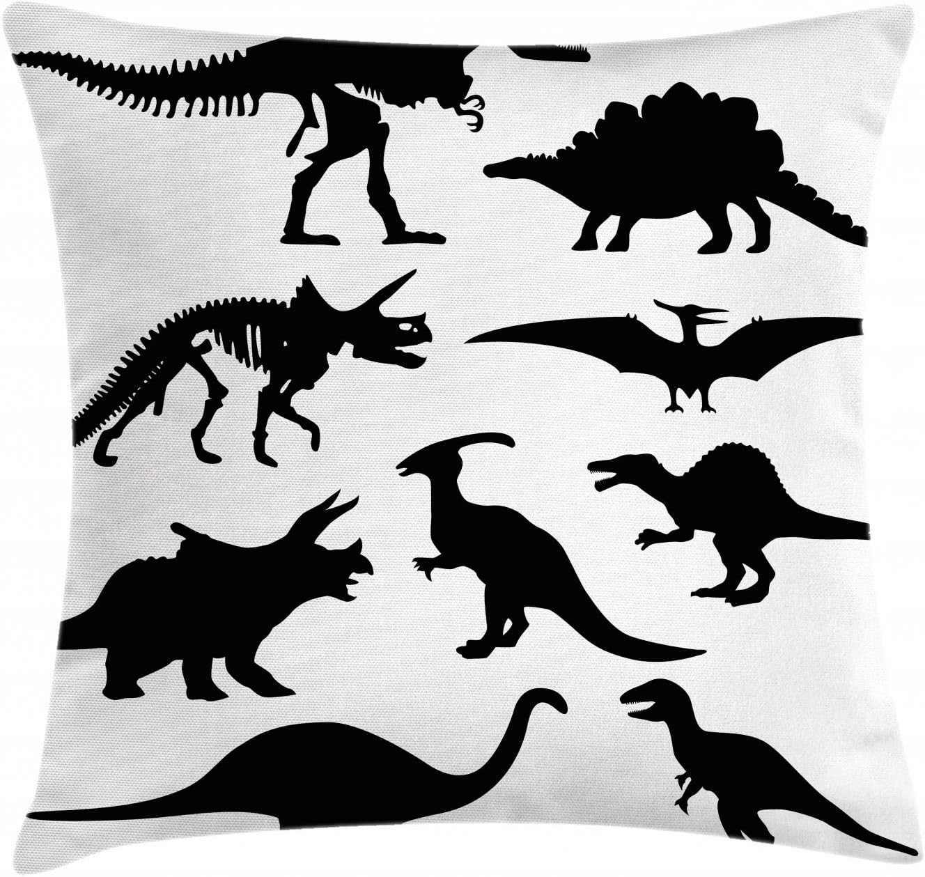 恐竜スロー枕クッションカバーby Ambesonne、先史時代のシルエットのスケルトンボーンブラック異なる古代ワイルド恐竜、装飾スク