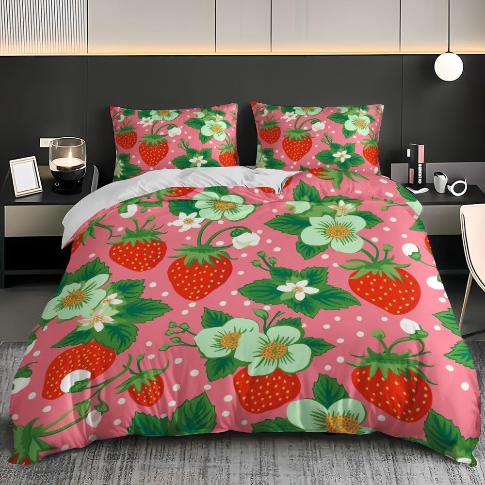 Housse de couette 240x260 fraise 3D anti-plis parure zippée lit