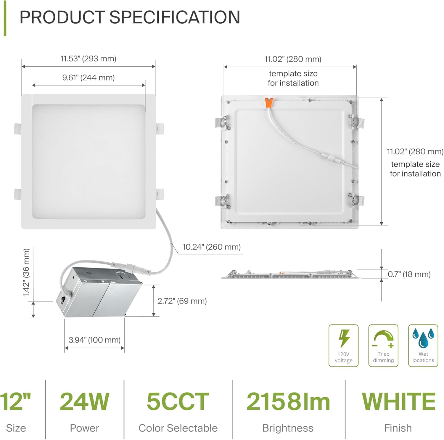 ASD 1 Pack LED Square Recessed Lighting 12 Inch 24W, 5CCT 2700K-5000K CRI90+, Ultra-Thin IC Rated Dimmable Ceiling Light with Junction Box, Canless Wafer Downlight, ETL Energy Star, White