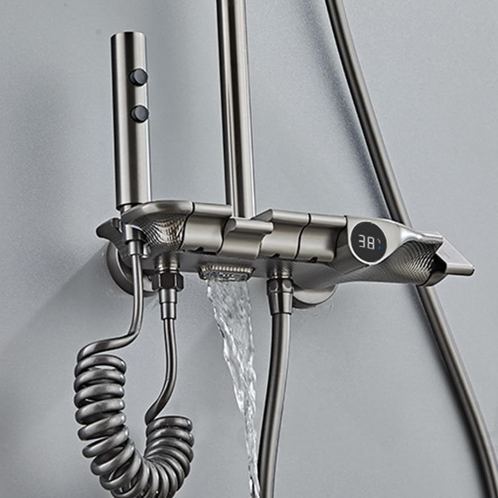 Set Rubinetto Doccia Grigio, Sistema di visualizzazione Digitale, Miscelatore Regolabile in Altezza con soffione a Pioggia 30x20 cm, doccetta a 3 modalità, spruzzatore Bidet a 2 Fu