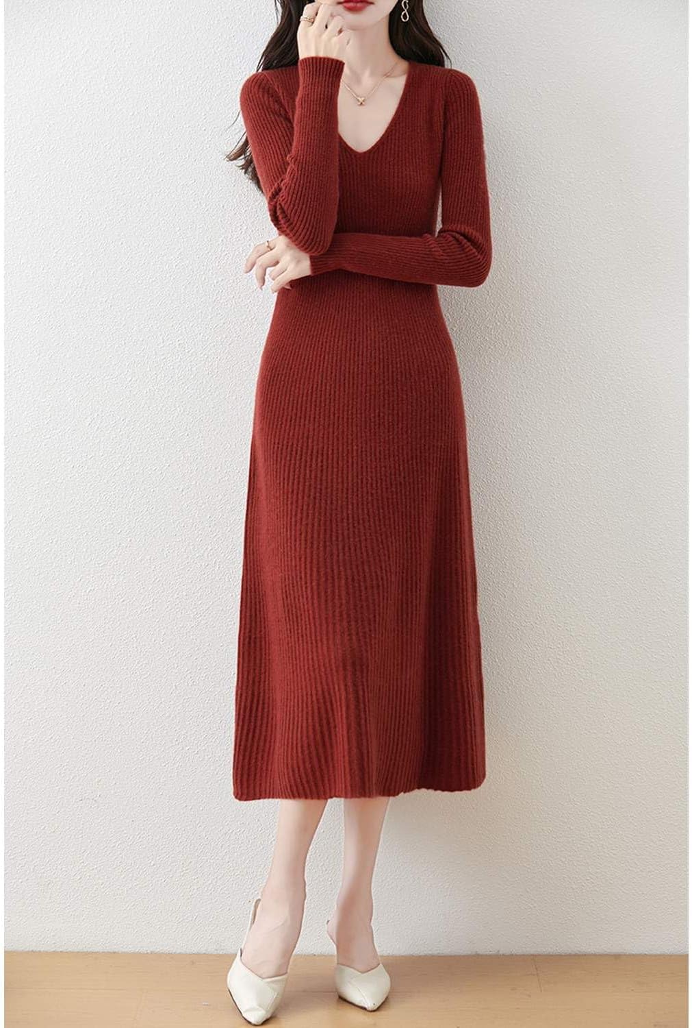 Women's Sweater Dress 100% Merino Wool Pullover Long Sleeve V Neck Knitted Slim Tops - Image 2
