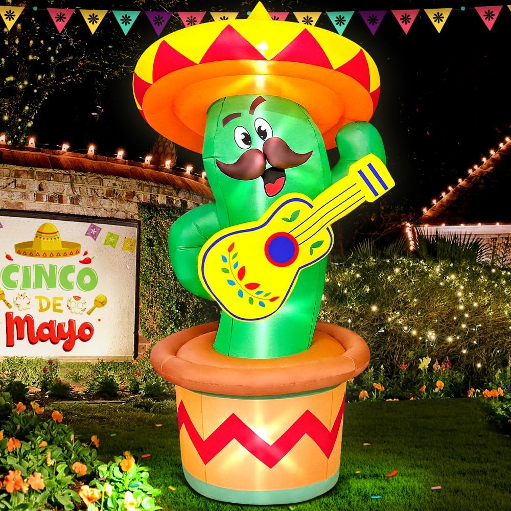 PullCrease 65" Long Mexican Inflatables Decorations LED Lighted Fiesta Gnome
