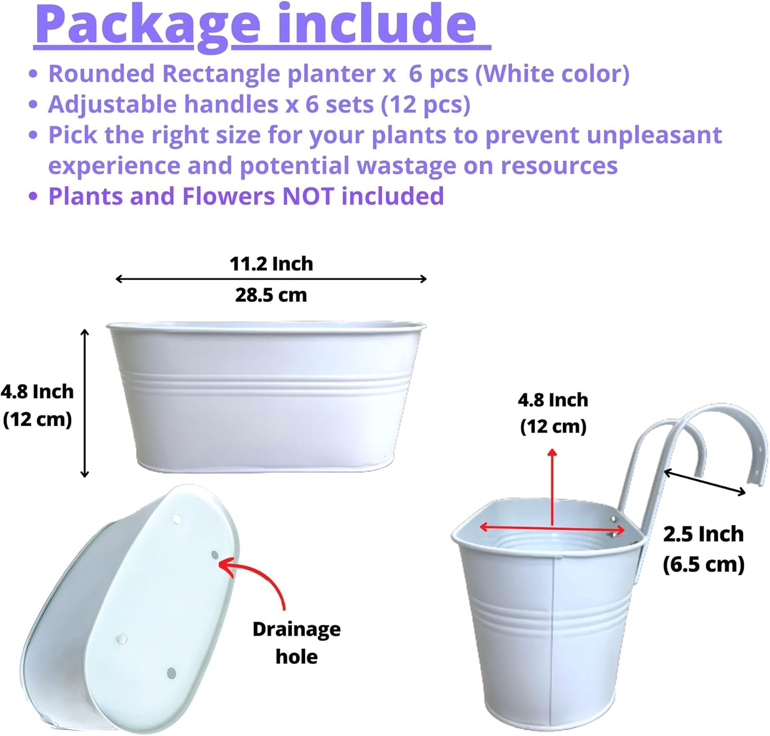 LaLaGreen Rail Planters for Outdoor (6 Pack, 11.2 Inch) White Metal Iron Hanging Flower Pots, Deck Railing Strawberry Planter Fence Bucket Wall Mount Window Box Plant Holder with Hooks Porch Decor