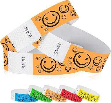 500 WristCo Neon Orange Smiley Face Tyvek Wristbands for Events - 34 x 10 - Waterproof Recyclable Comfortable Tear Resistant Paper Bracelets Wrist Bands for Concerts Festivals Admission Party