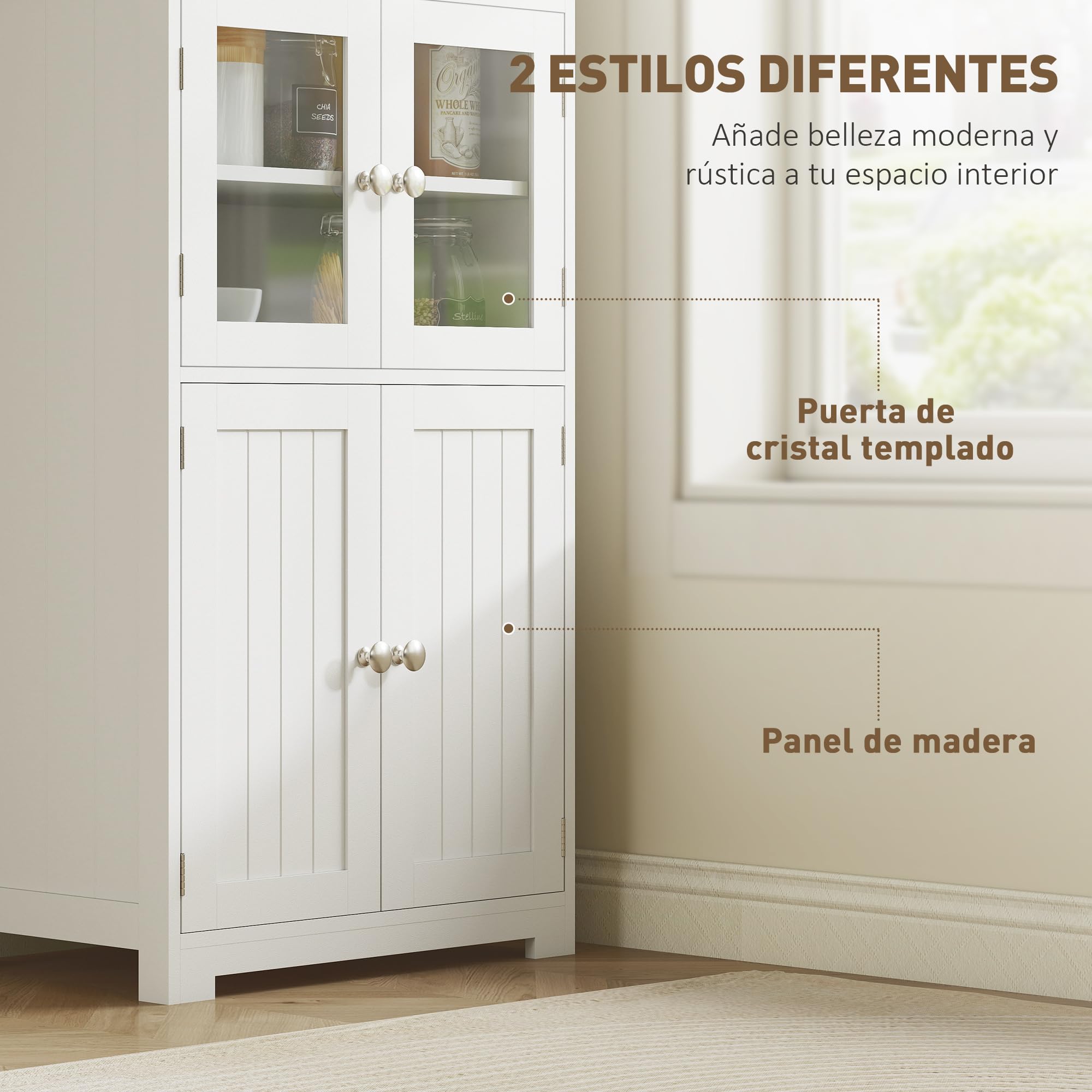 HOMCOM Alacena de Cocina Aparador de Comedor Armario de Cocina con 4 Puertas 2 Estantes Abiertos y Estante Ajustable para Salón 60x30x162 cm Blanco
