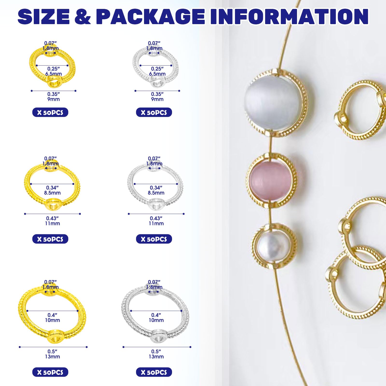 Waltool 300Pcs Double Hole Bead Round Frames Links Connectors Assortment Set, 6# 8# 10# Gold & Silver Bead Frame Jewelry Making Findings for Beading Earring Bracelet Necklace Keychains DIY - Image 2