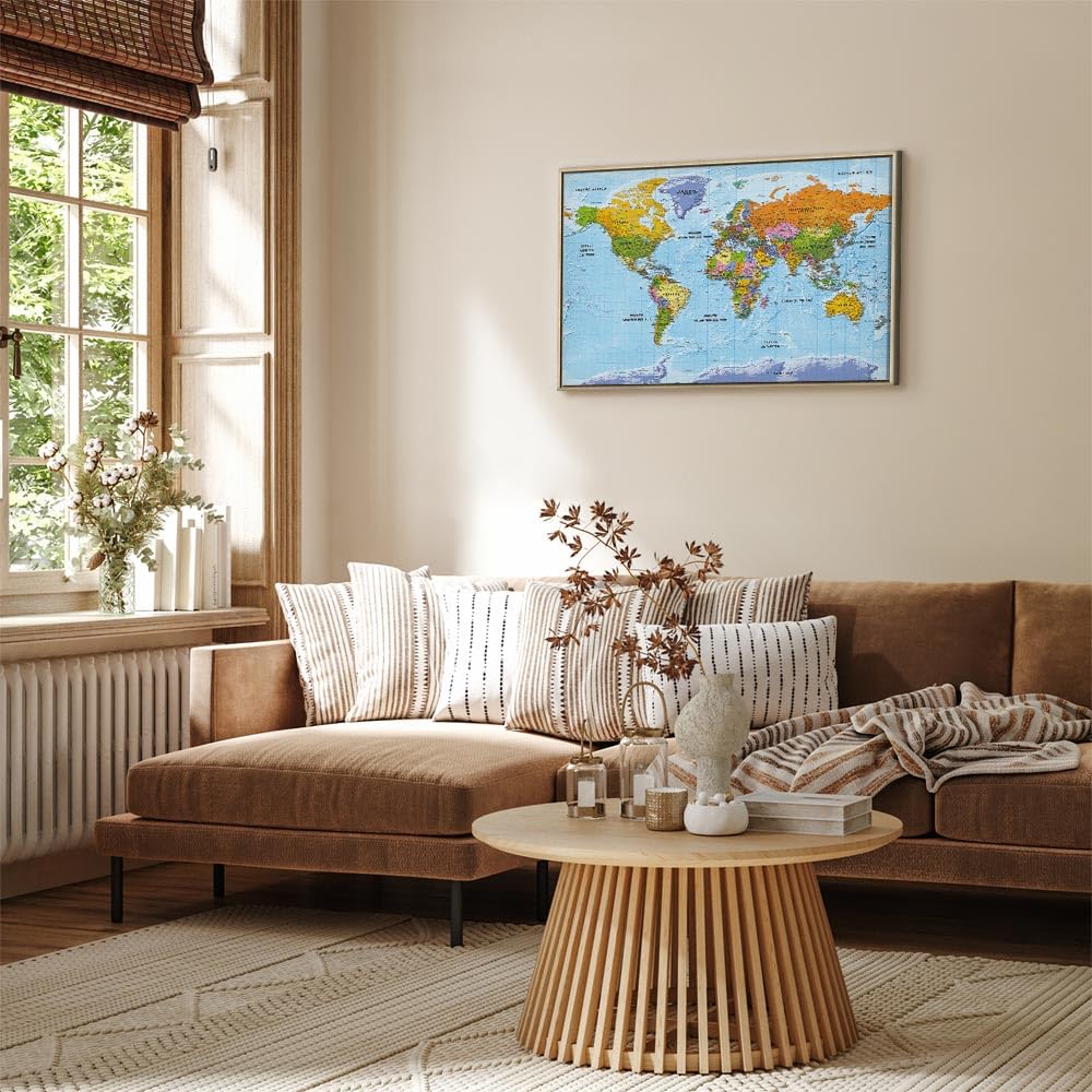 murando - Quadro Moderno Cornice Naturale, Continenti, 120x80 cm | Chiodi Inclusi, 1 Pezzo, Quadri Moderni, Soggiorno, Telaio in Legno, Resistenti Allo Sbiadimento, Produzione Europea