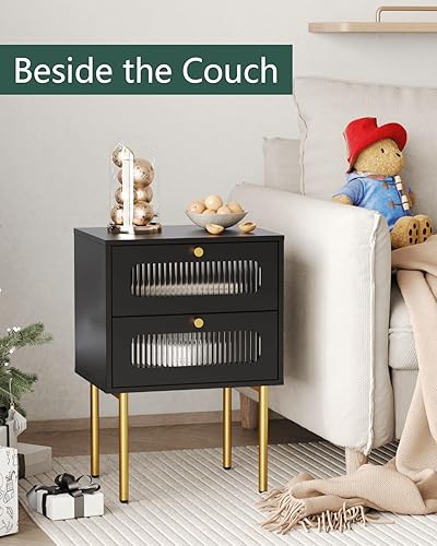 Miniatura 4 de Mesita de noche negra, mesita de noche moderna de mediados de siglo para espacios pequeños, mesita de noche pequeña con cajones para dormitorio,