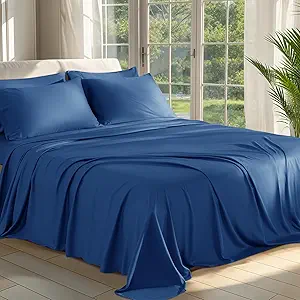 Shilucheng 100% Viscose Derived from Bamboo_ Sheets King Size 6pcs - Ultra Cooling & Silky Soft Bed Sheets, 16" Deep Pocket, Perfect for Hot Sleepers, Hotel Bedding Sheets (Navy Blue)