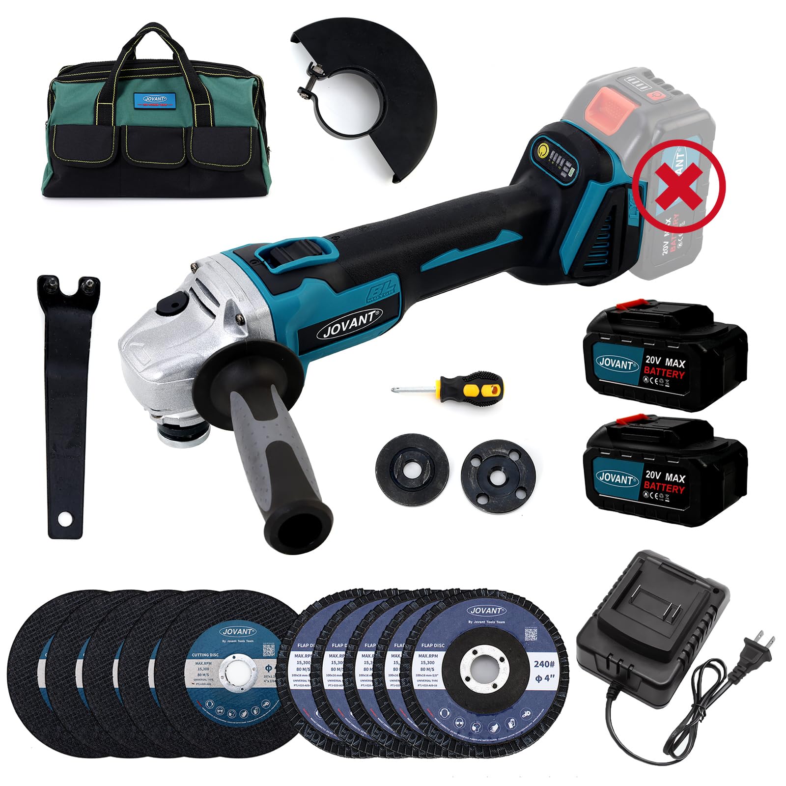 20V Cordless Angle Grinder, 4" and 4-1/2" Electric Angle Grinder Kit, 8500RPM Power Grinder Brushless Motor for Cutting/Sharpening/Removing Rust -JOVANT (2 Batteries)