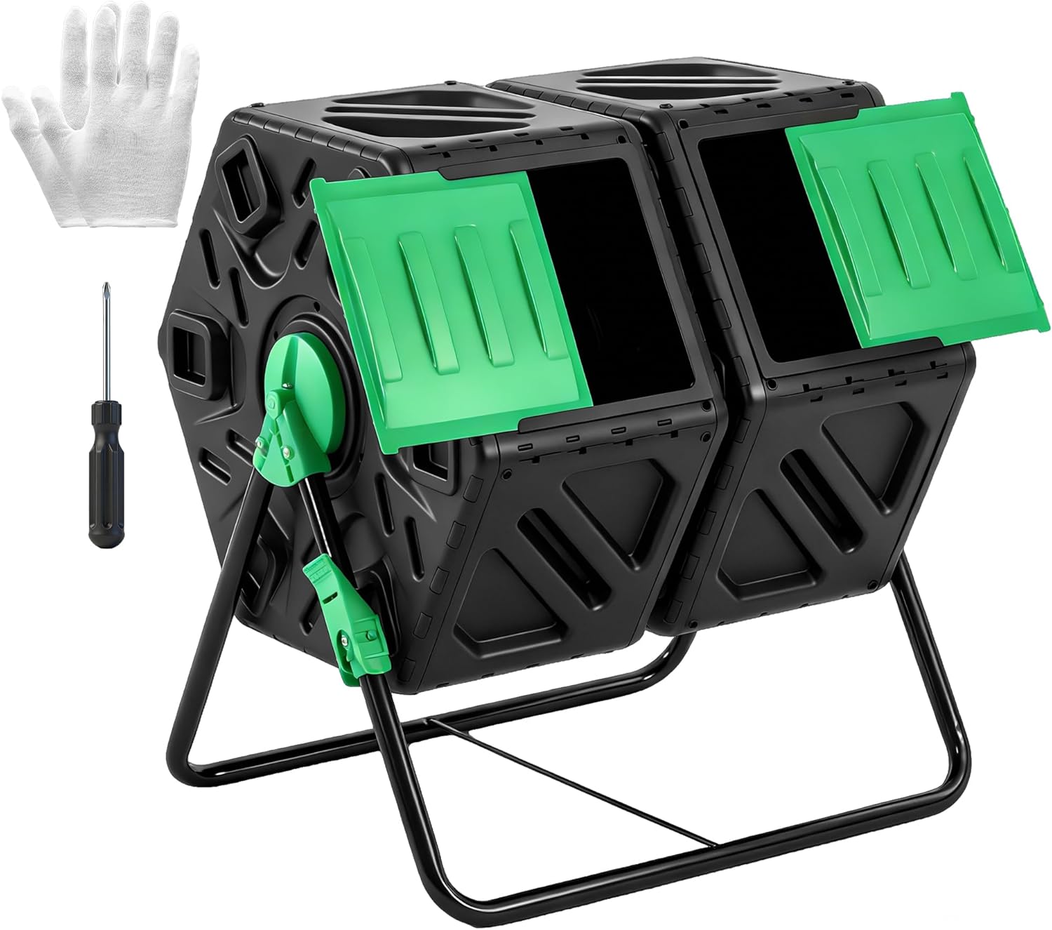 OLIXIS 37 Gallon Dual Chamber Compost Tumbler Bin Outdoor - 360° Rotating Composter with Gloves, Green
