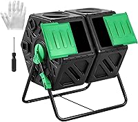 OLIXIS 37 Gallon Dual Chamber Compost Tumbler Bin Outdoor - 360° Rotating Composter with Gloves for Fast Garden Waste Recycling, Green