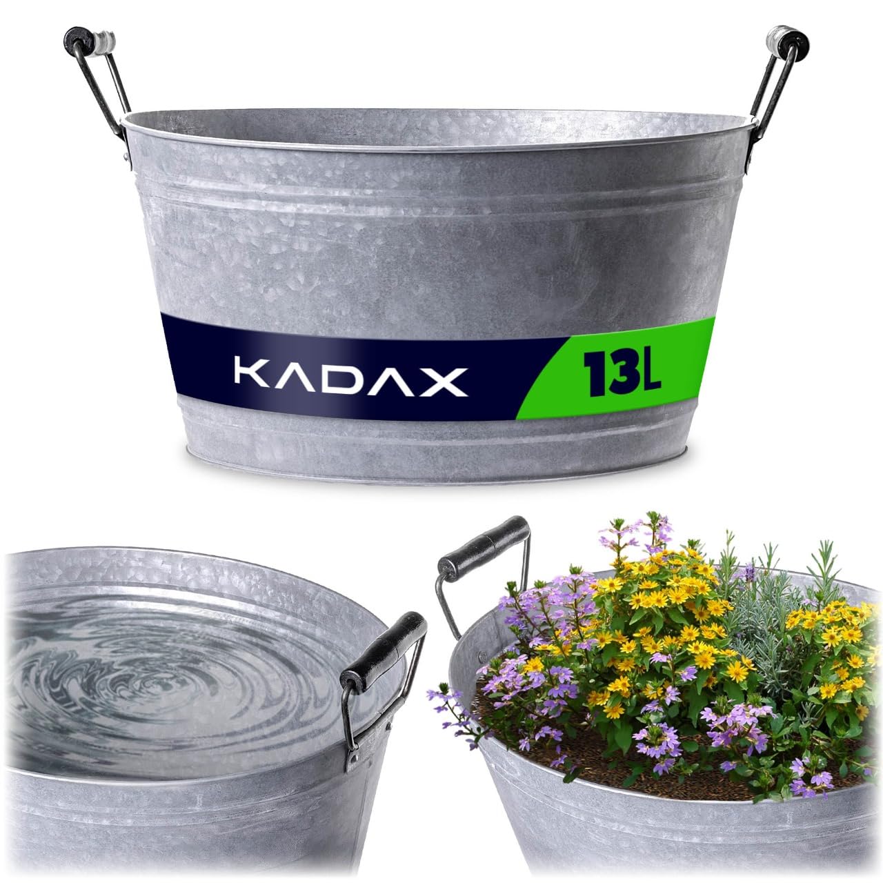 KADAX Zinkwanne 13L für Garten, Pflanzwanne aus verzinktem Stahl, Metall Wanne mit Griffen, ideal als Miniteich, Getränkekühler & Blumenschale (Silber)