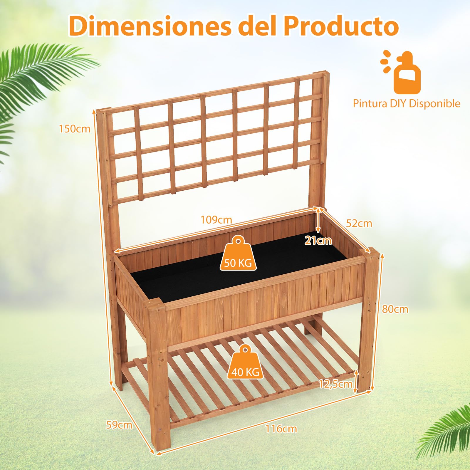 Cama de Jardín Elevada con Espaldera, Jardinera Elevada de Madera con Patas, Revestimiento, Estante de Almacenamiento y Agujeros de Drenaje para Plantas Trepadoras, Vides, Verduras, Hierbas (Marrón)