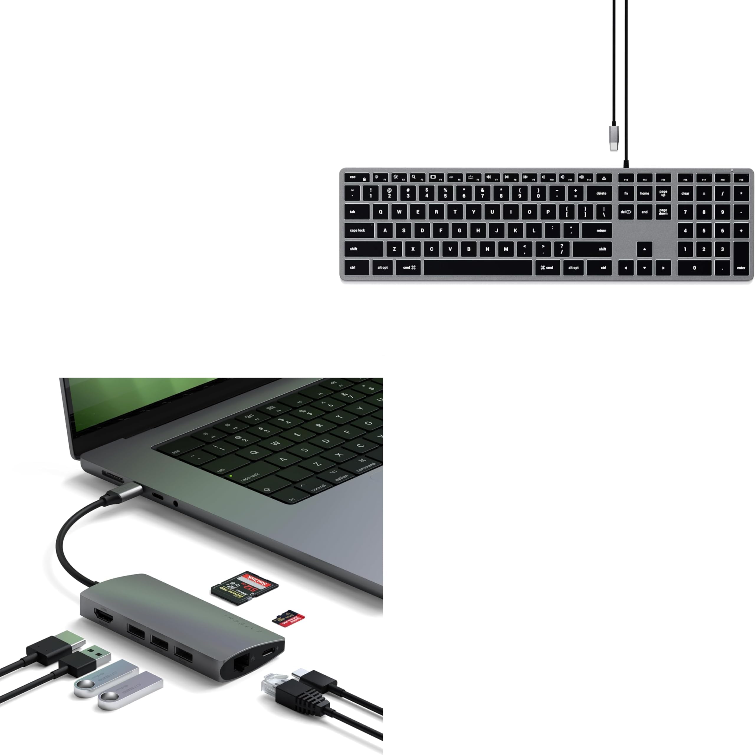Satechi Bundle 8 in 1 USB C Hub V2 4K HDMI 115W and Slim W3 Wired Backlit Keyboard (US QWERTY Layout) Bundle (Space Grey)