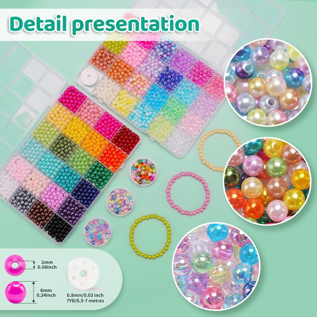 2400pcs Pearl Beads, 47 Colors Round Beads for Bracelets, Multicolor Bracelet Making Kit, for Jewelry Making with Elastic String, DIY Crafts Set (6mm)