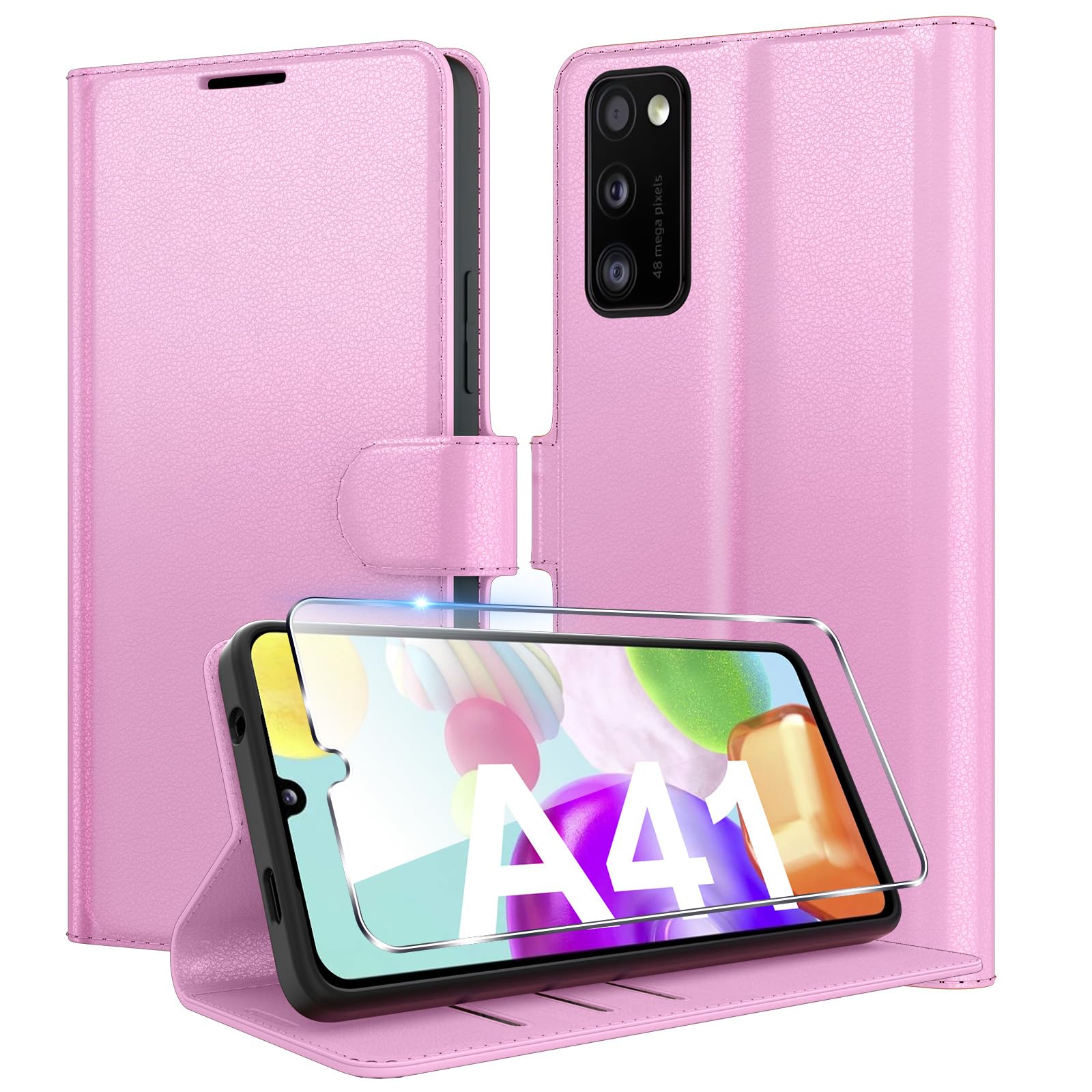Eirltiy Cover per Samsung Galaxy A41 Portafoglio Pelle PU Premium, Custodia Scomparti Carte Antiurto Protettiva Case con 1 Vetro Temperato, Rosa