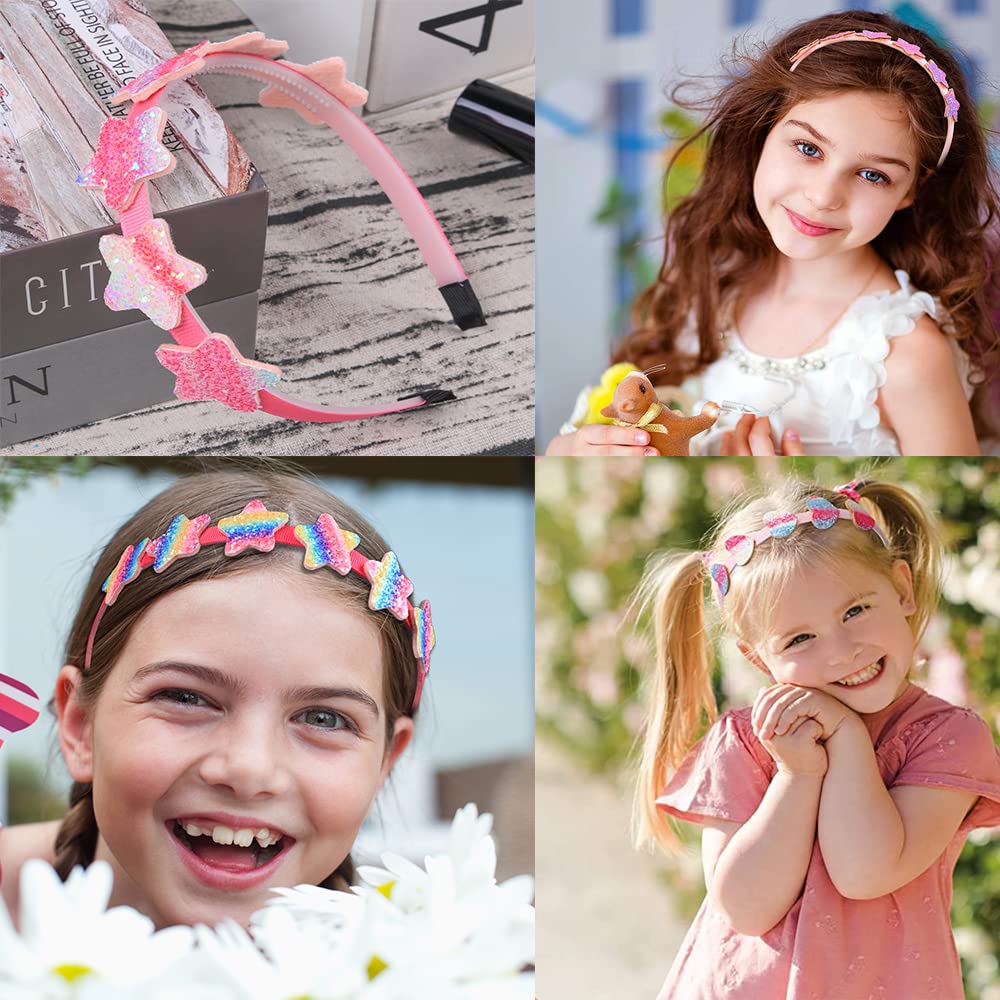 Paquete de 6 diademas con purpurina para niñas, con lazo, corazón, estrella, diadema dulce para niños pequeños, niñas y adolescentes