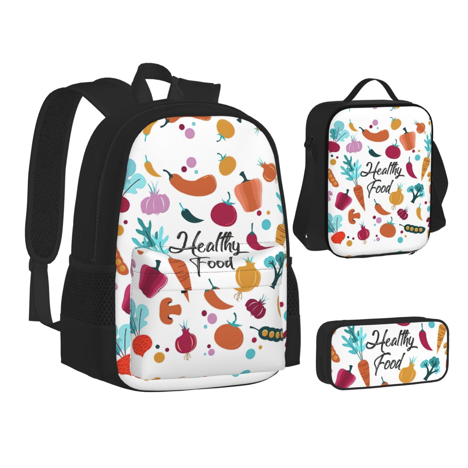 Juego de 3 mochilas escolares con estampado de alimentos saludables, mochila para laptop resistente al agua de gran capacidad con bolsa de almuerzo aislada y estuche para lápices para
